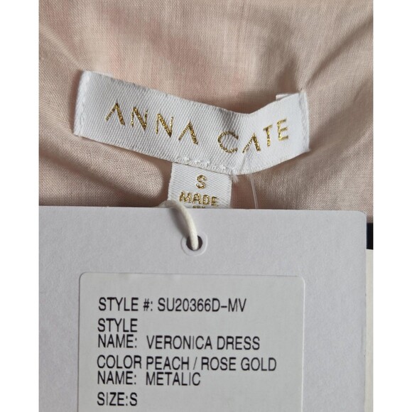 Anna Cate Veronica Dress S Peach Rose Gold V-Neck Ruffle Hem Metallic Stripe - Picture 10 of 10